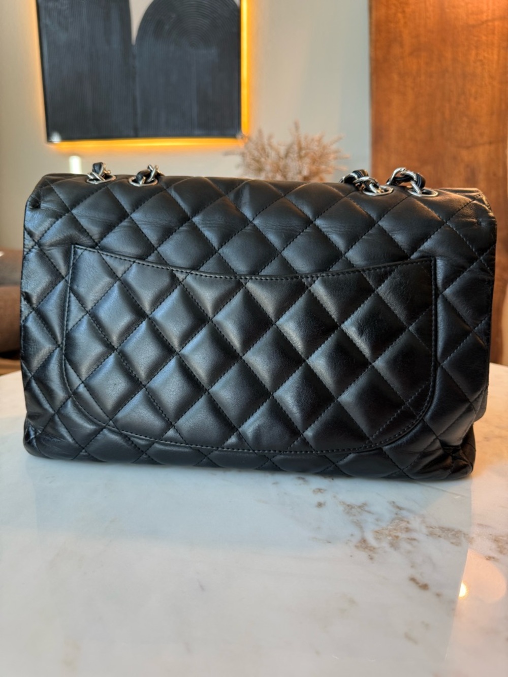 CHANEL classic single flap lambskin Black Quilted Bag with Silver Chain jumbo - Picture 2 of 16